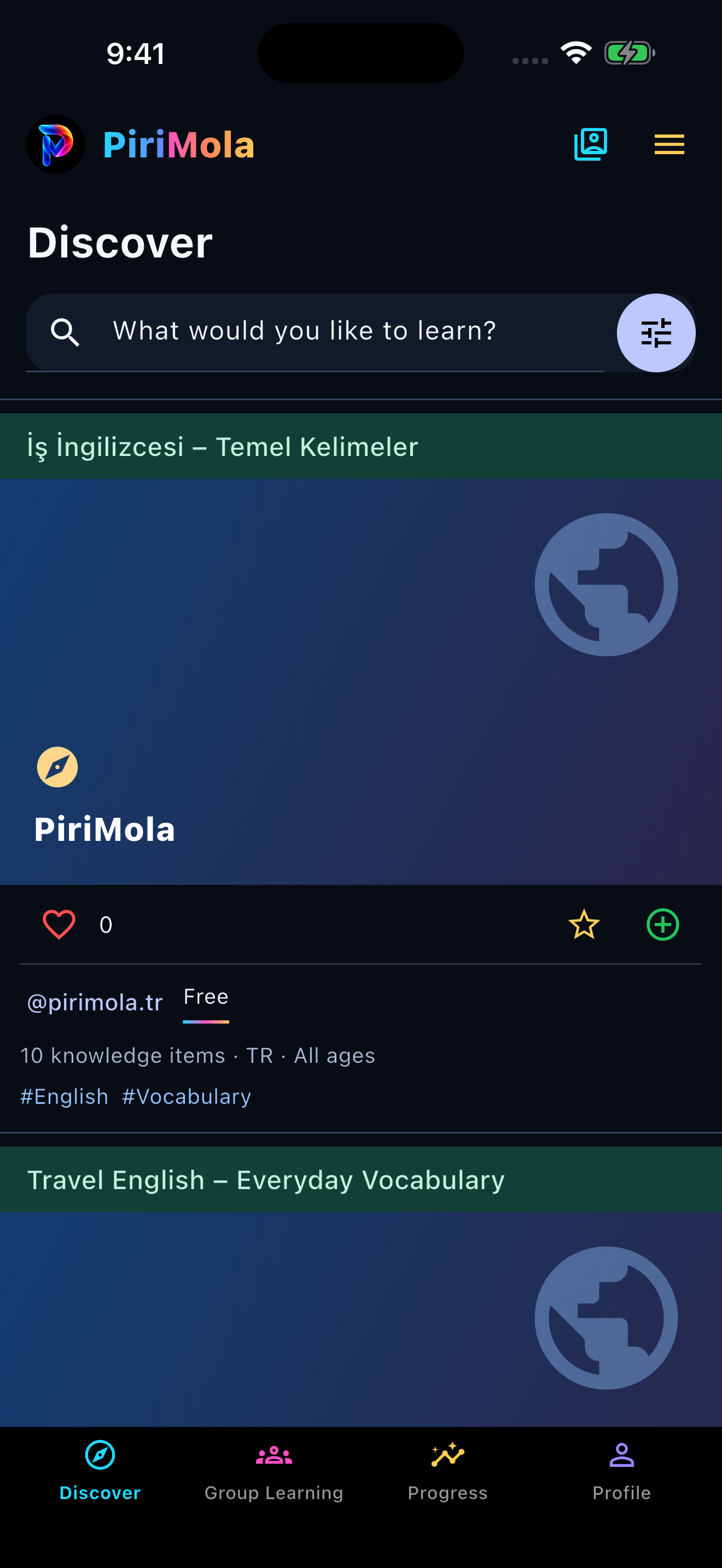 PiriMola Discover screen